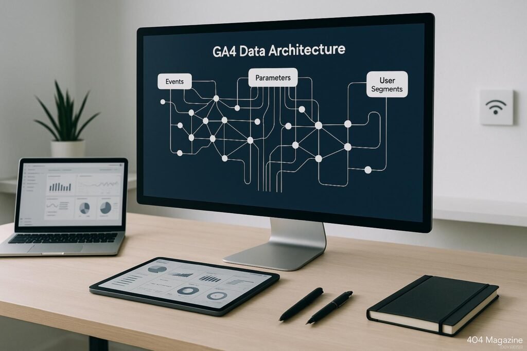 Moderner digitaler Arbeitsplatz mit großem Monitor, der komplexe GA4-Datenarchitektur zeigt, umgeben von Laptop, Tablet und Schreibwaren in einem minimalistischen Büro.