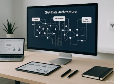 Moderner digitaler Arbeitsplatz mit großem Monitor, der komplexe GA4-Datenarchitektur zeigt, umgeben von Laptop, Tablet und Schreibwaren in einem minimalistischen Büro.