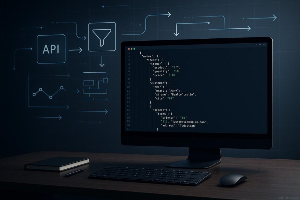 Schlanker Arbeitsplatz mit einem modernen Computerbildschirm, der komplexen JSON-Code und Datenvisualisierungen zeigt, umgeben von Icons für APIs und Automatisierungsprozesse.
