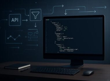 Schlanker Arbeitsplatz mit einem modernen Computerbildschirm, der komplexen JSON-Code und Datenvisualisierungen zeigt, umgeben von Icons für APIs und Automatisierungsprozesse.