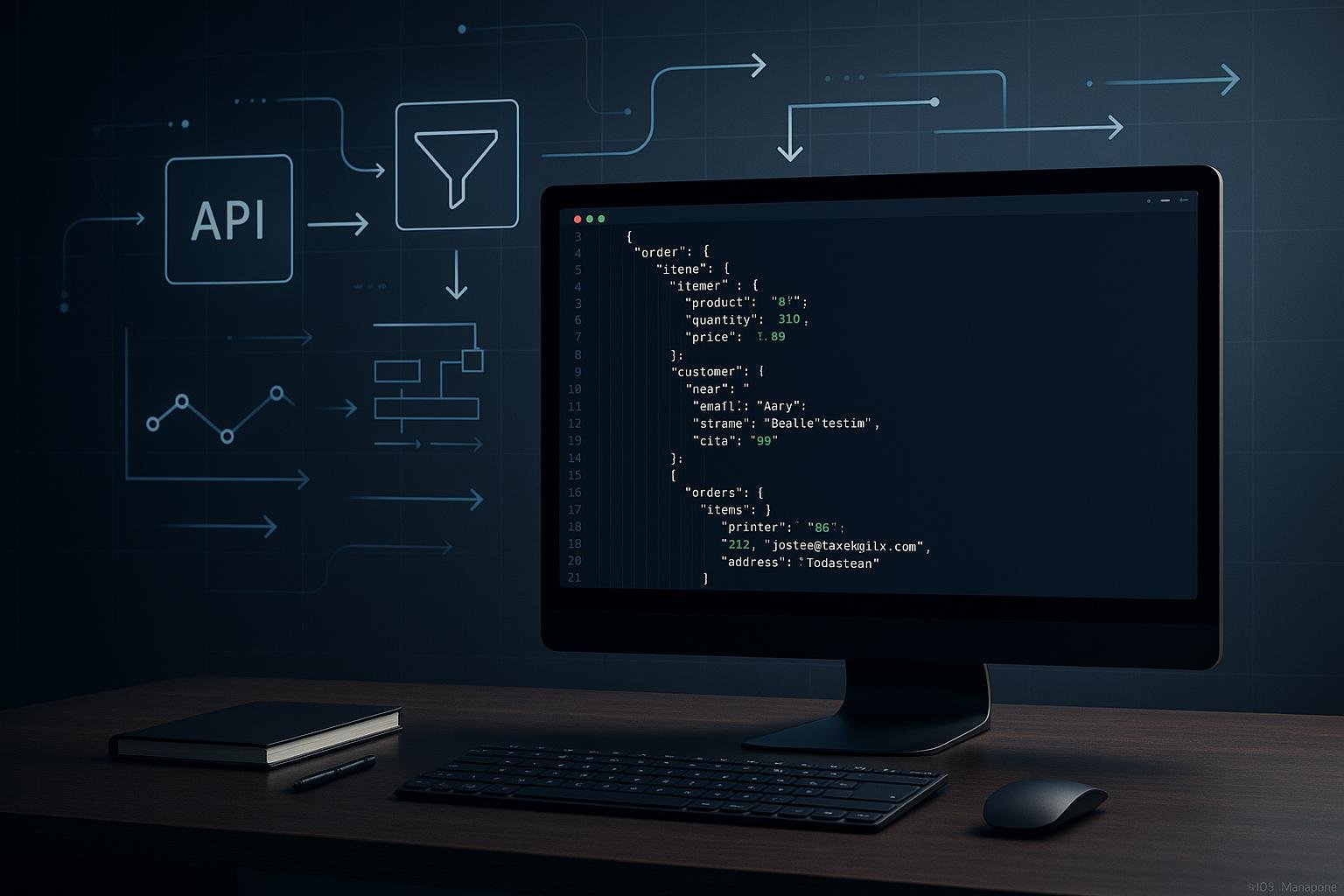 Schlanker Arbeitsplatz mit einem modernen Computerbildschirm, der komplexen JSON-Code und Datenvisualisierungen zeigt, umgeben von Icons für APIs und Automatisierungsprozesse.