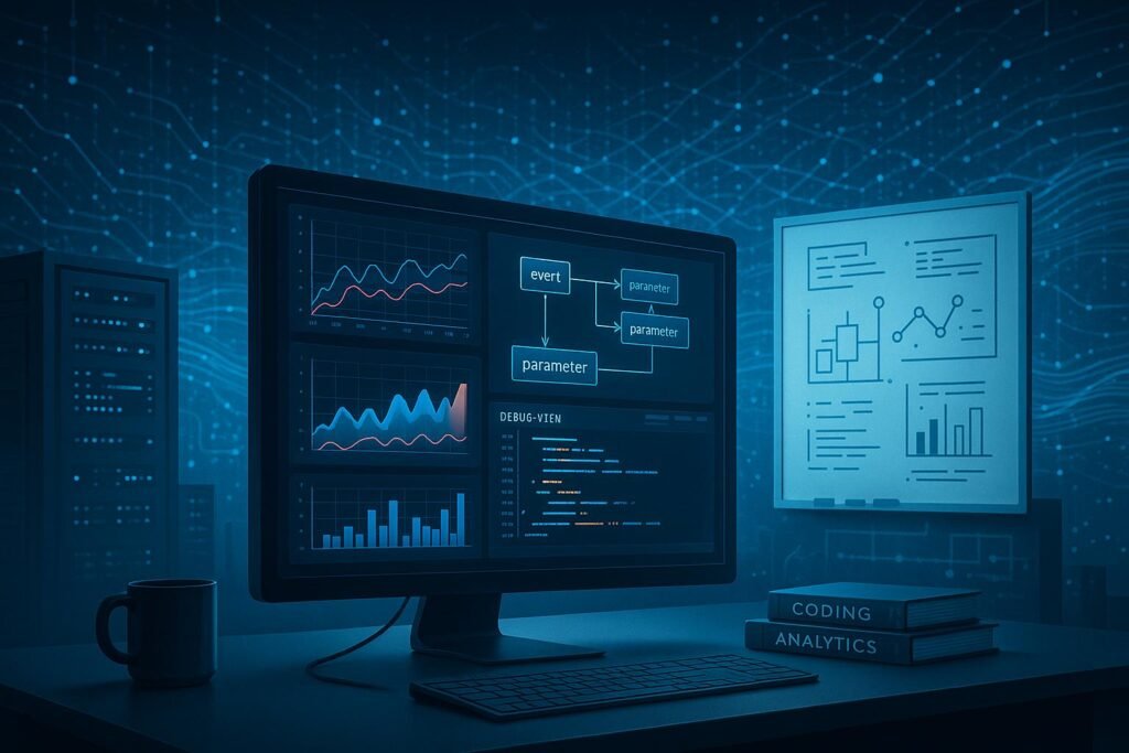 Moderner Arbeitsplatz mit Computerbildschirm, der GA4-Datenvisualisierungen, Graphen und Code zeigt, umgeben von technischen Elementen und digitaler Landschaft.