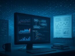 Moderner Arbeitsplatz mit Computerbildschirm, der GA4-Datenvisualisierungen, Graphen und Code zeigt, umgeben von technischen Elementen und digitaler Landschaft.