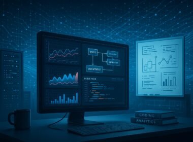 Moderner Arbeitsplatz mit Computerbildschirm, der GA4-Datenvisualisierungen, Graphen und Code zeigt, umgeben von technischen Elementen und digitaler Landschaft.