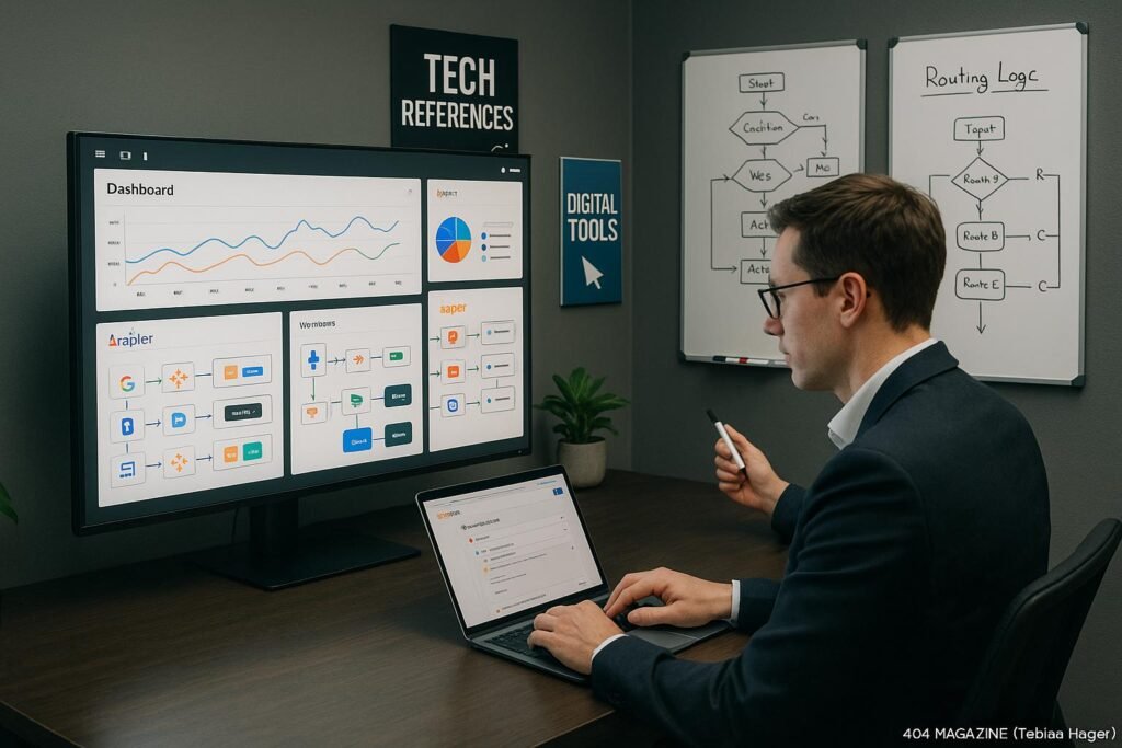 Modernes Arbeitszimmer in einem Tech-Büro mit Dashboard, Person bei Automatisierungsarbeiten und Whiteboards mit Skizzen