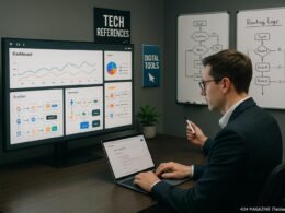 Modernes Arbeitszimmer in einem Tech-Büro mit Dashboard, Person bei Automatisierungsarbeiten und Whiteboards mit Skizzen
