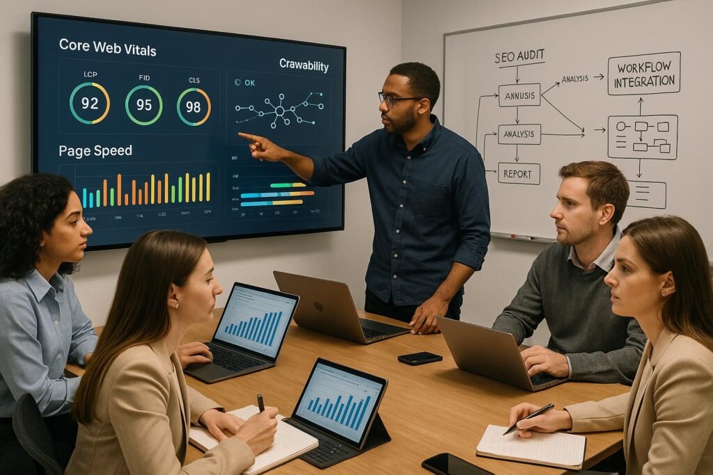 Team in einem modernen Büro um einen großen Konferenztisch, das digitale Dashboards mit SEO-Metriken und Performance-Grafiken analysiert. Hintergrund mit Whiteboard und Workflow-Diagrammen.