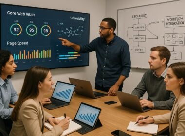 Team in einem modernen Büro um einen großen Konferenztisch, das digitale Dashboards mit SEO-Metriken und Performance-Grafiken analysiert. Hintergrund mit Whiteboard und Workflow-Diagrammen.