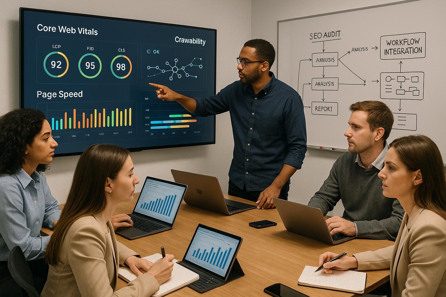 Team in einem modernen Büro um einen großen Konferenztisch, das digitale Dashboards mit SEO-Metriken und Performance-Grafiken analysiert. Hintergrund mit Whiteboard und Workflow-Diagrammen.