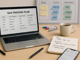 Hell erleuchteter Arbeitsplatz mit Laptop, Notizbuch, Strategietafeln und Smartphone, dargestellt in einer produktiven Arbeitsumgebung für Datenmanagement.