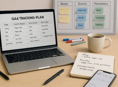 Hell erleuchteter Arbeitsplatz mit Laptop, Notizbuch, Strategietafeln und Smartphone, dargestellt in einer produktiven Arbeitsumgebung für Datenmanagement.