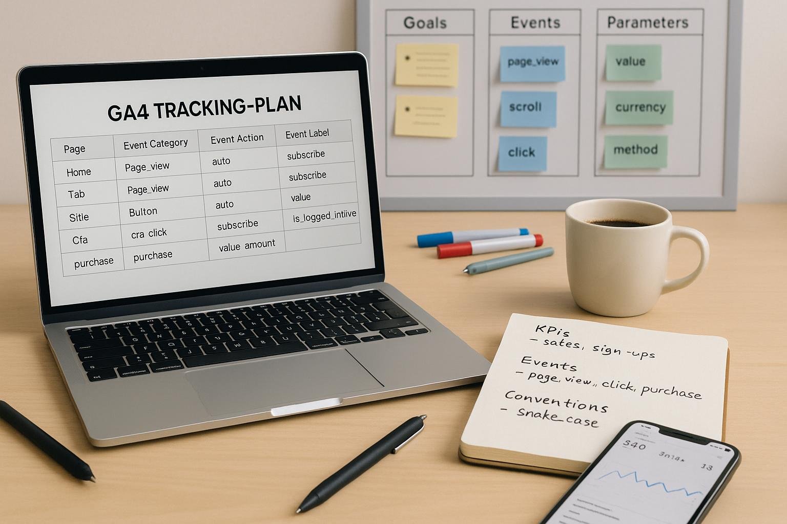 Hell erleuchteter Arbeitsplatz mit Laptop, Notizbuch, Strategietafeln und Smartphone, dargestellt in einer produktiven Arbeitsumgebung für Datenmanagement.