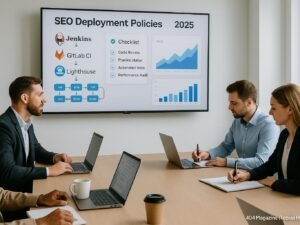 Modernes Team in einem hellen Besprechungsraum bei der Planung von Automatisierungstools für SEO 2025, mit Laptops, Notizblöcken und einem Bildschirm, der Diagramme und Checklisten zeigt.