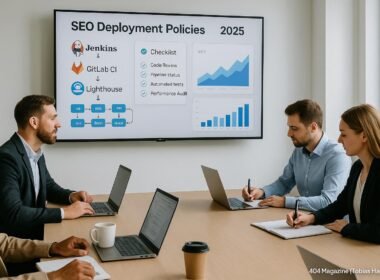 Modernes Team in einem hellen Besprechungsraum bei der Planung von Automatisierungstools für SEO 2025, mit Laptops, Notizblöcken und einem Bildschirm, der Diagramme und Checklisten zeigt.