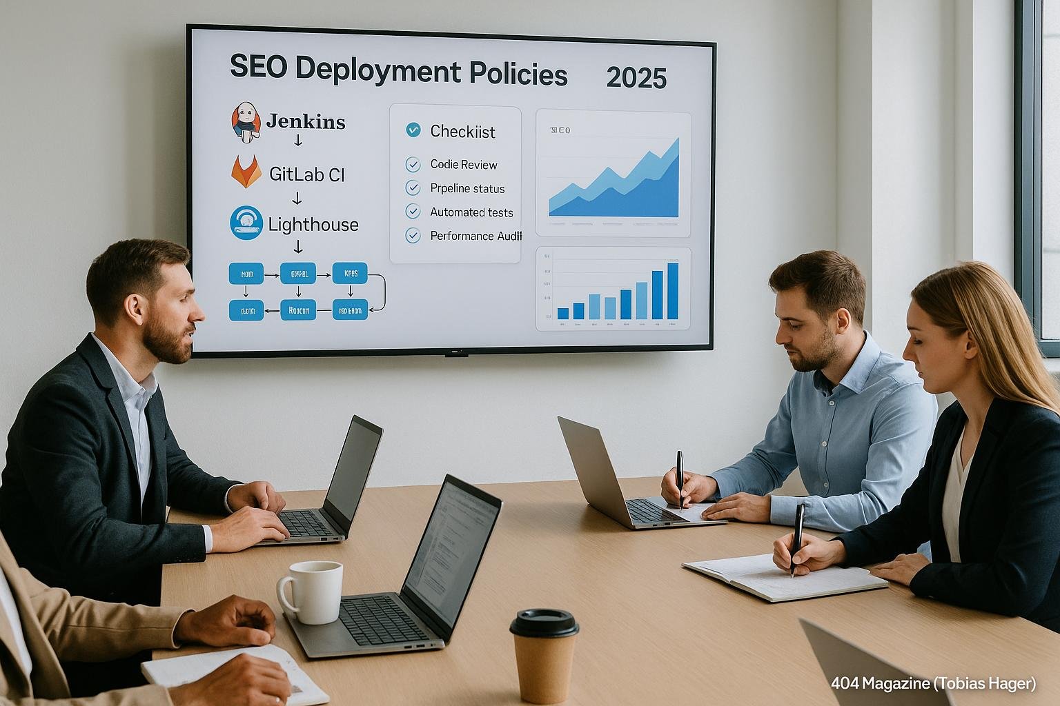 Modernes Team in einem hellen Besprechungsraum bei der Planung von Automatisierungstools für SEO 2025, mit Laptops, Notizblöcken und einem Bildschirm, der Diagramme und Checklisten zeigt.