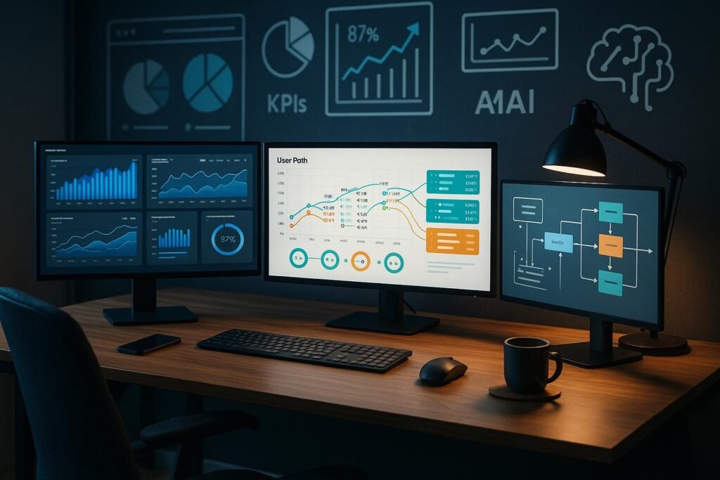 Modernes Arbeitszimmer mit großen Monitoren, Datenvisualisierungen, Dashboards und maschinellen Lernsymbolen, Symbol für innovative Datenanalyse mit GA4.