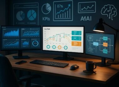 Modernes Arbeitszimmer mit großen Monitoren, Datenvisualisierungen, Dashboards und maschinellen Lernsymbolen, Symbol für innovative Datenanalyse mit GA4.