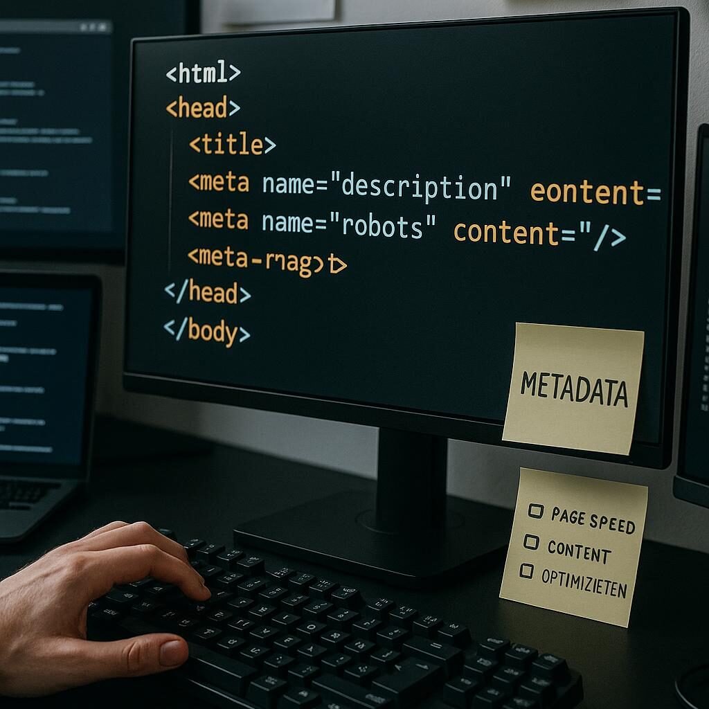 Bild eines modernen Webdesign-Setups mit HTML-Code, Meta-Tags und Entwickler-Notizen, das technisches Know-how und SEO-Strategie zeigt.