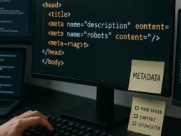 Bild eines modernen Webdesign-Setups mit HTML-Code, Meta-Tags und Entwickler-Notizen, das technisches Know-how und SEO-Strategie zeigt.