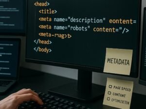 Bild eines modernen Webdesign-Setups mit HTML-Code, Meta-Tags und Entwickler-Notizen, das technisches Know-how und SEO-Strategie zeigt.