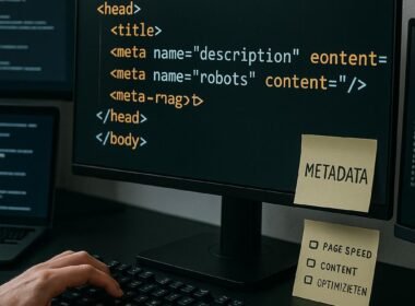 Bild eines modernen Webdesign-Setups mit HTML-Code, Meta-Tags und Entwickler-Notizen, das technisches Know-how und SEO-Strategie zeigt.