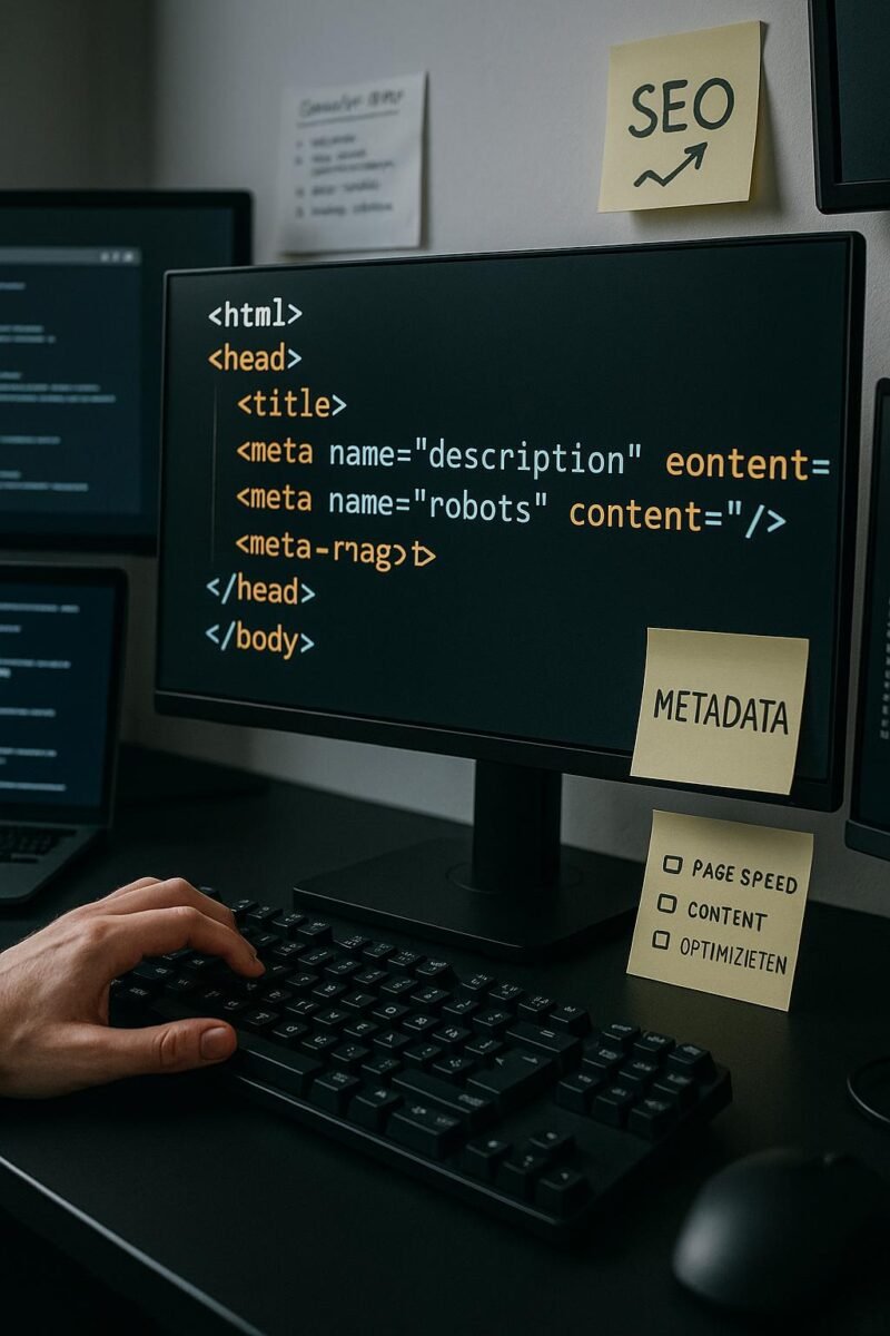 Bild eines modernen Webdesign-Setups mit HTML-Code, Meta-Tags und Entwickler-Notizen, das technisches Know-how und SEO-Strategie zeigt.