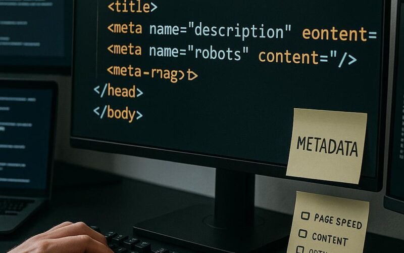 Bild eines modernen Webdesign-Setups mit HTML-Code, Meta-Tags und Entwickler-Notizen, das technisches Know-how und SEO-Strategie zeigt.