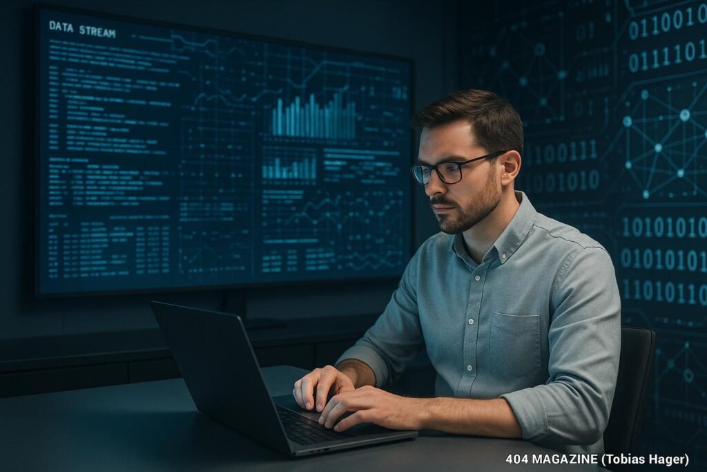 Person in Business-Casual vor großem Bildschirm mit Datenströmen, Binärzahlen und Netzwerkdiagrammen in einem modernen, technischen Büro