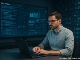 Person in Business-Casual vor großem Bildschirm mit Datenströmen, Binärzahlen und Netzwerkdiagrammen in einem modernen, technischen Büro