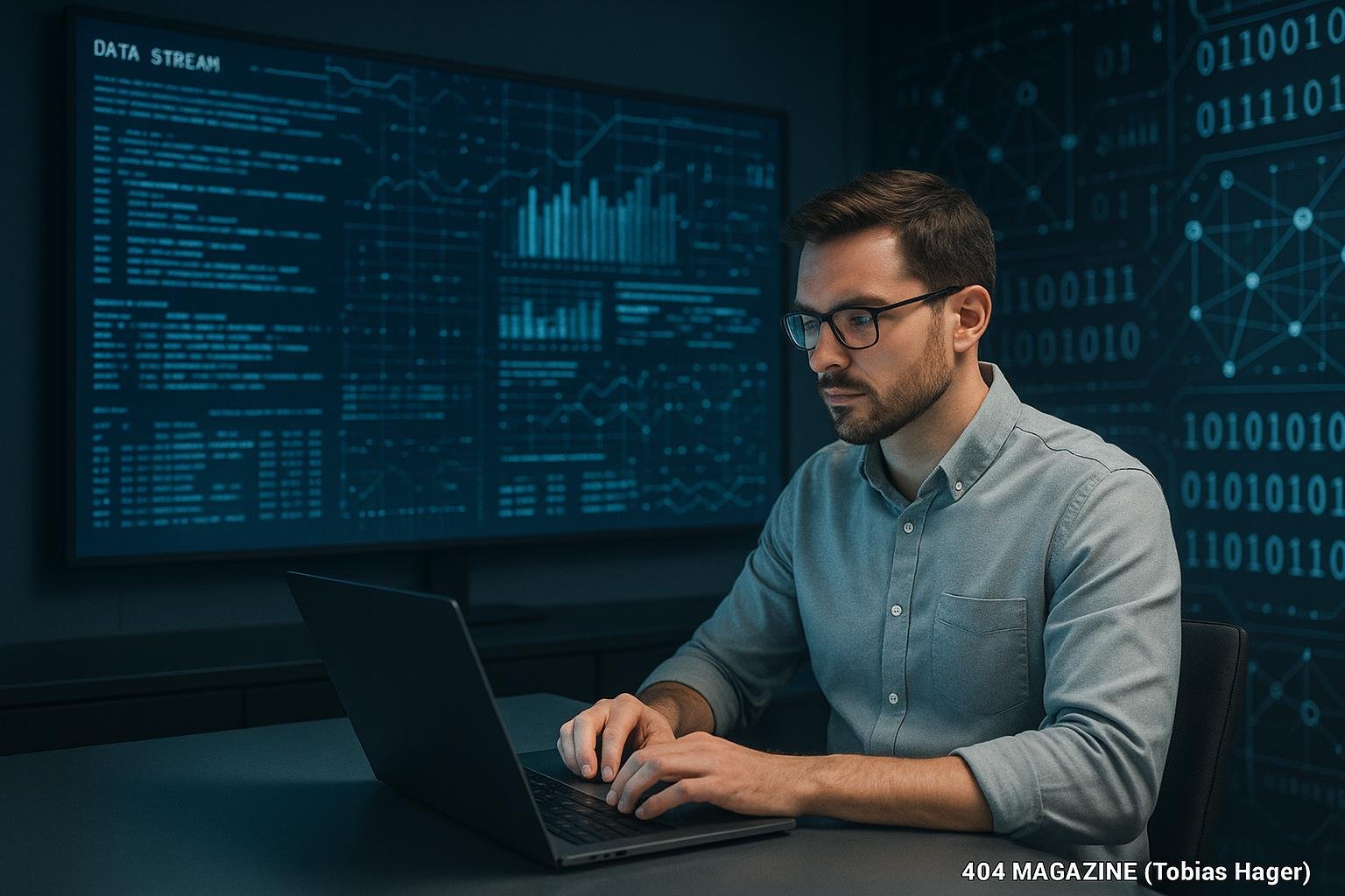 Person in Business-Casual vor großem Bildschirm mit Datenströmen, Binärzahlen und Netzwerkdiagrammen in einem modernen, technischen Büro