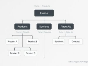 Sitemap-Diagramm mit hierarchischer Struktur, Breadcrumbs und minimalistischer Gestaltung, das eine benutzerfreundliche Navigation auf einer modernen Website zeigt.
