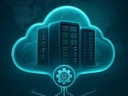 Modernes Cloud-Rechenzentrum mit Server-Racks in Cloud-Gelee und digitalem Load Balancer, im Hintergrund globale Landkarten und Datenströme