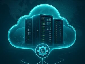 Modernes Cloud-Rechenzentrum mit Server-Racks in Cloud-Gelee und digitalem Load Balancer, im Hintergrund globale Landkarten und Datenströme
