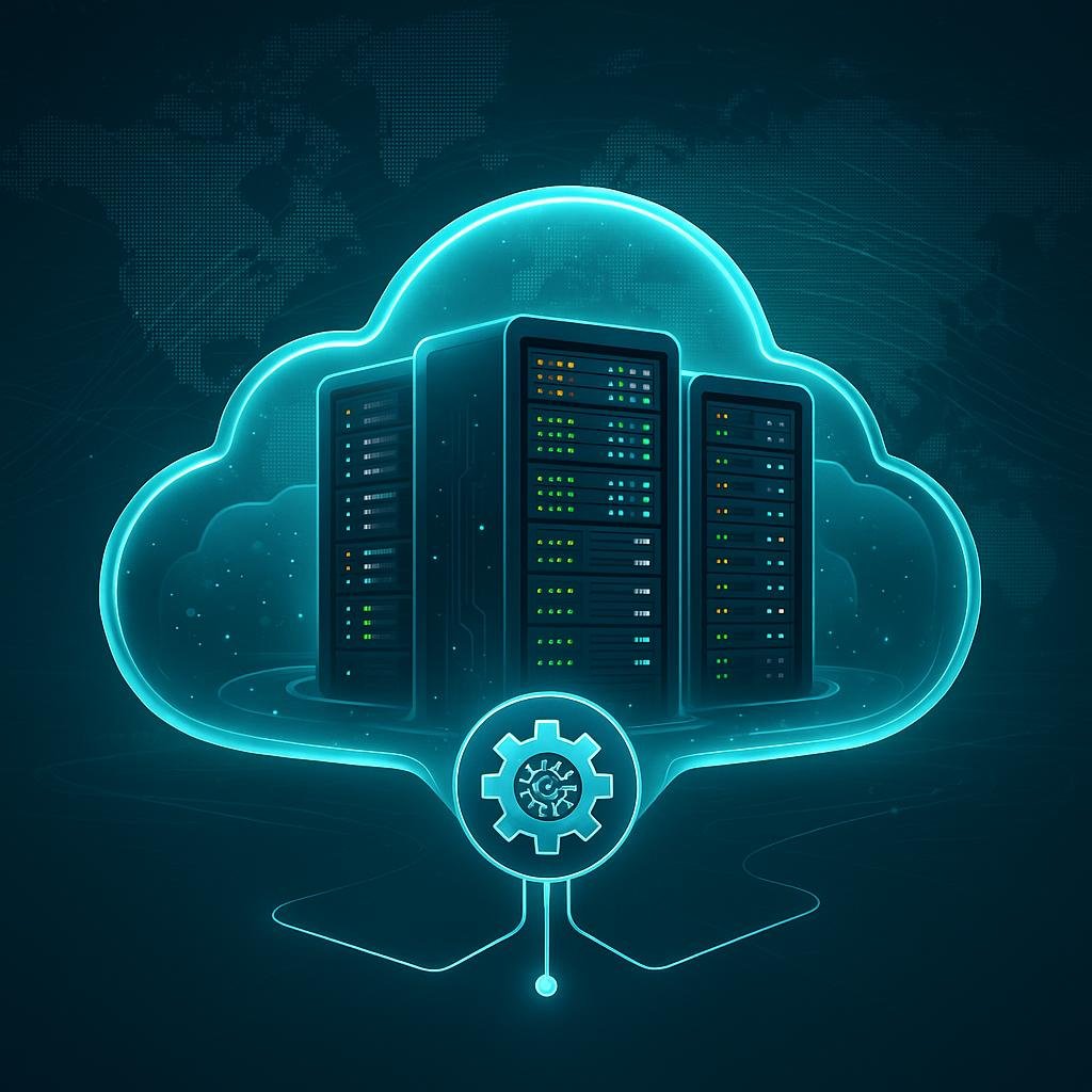 Modernes Cloud-Rechenzentrum mit Server-Racks in Cloud-Gelee und digitalem Load Balancer, im Hintergrund globale Landkarten und Datenströme