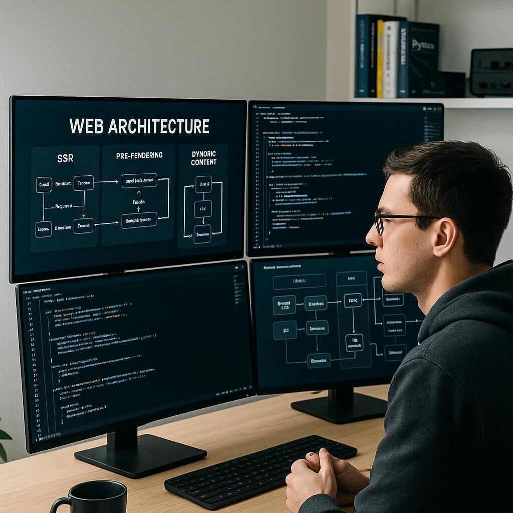 Moderner Webentwickler bei der Arbeit mit mehreren Monitoren, die komplexe Webarchitekturen, Code und Flussdiagramme anzeigen, in einem hellen, gut ausgestatteten Büro