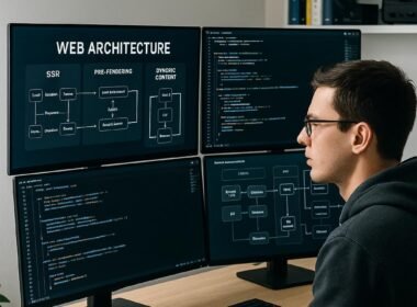 Moderner Webentwickler bei der Arbeit mit mehreren Monitoren, die komplexe Webarchitekturen, Code und Flussdiagramme anzeigen, in einem hellen, gut ausgestatteten Büro