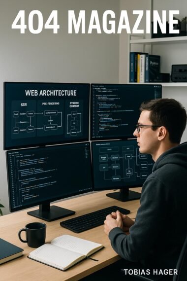 Moderner Webentwickler bei der Arbeit mit mehreren Monitoren, die komplexe Webarchitekturen, Code und Flussdiagramme anzeigen, in einem hellen, gut ausgestatteten Büro