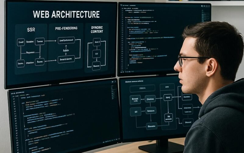 Moderner Webentwickler bei der Arbeit mit mehreren Monitoren, die komplexe Webarchitekturen, Code und Flussdiagramme anzeigen, in einem hellen, gut ausgestatteten Büro