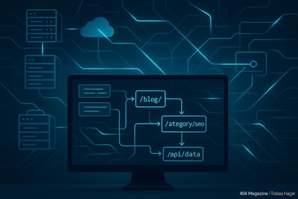 Großer Monitor mit technischen Server- und Netzwerkdiagrammen, die Routing-Logik, virtuelle URL-Manipulationen und API-Interaktionen in einer modernen Website-Architektur visualisieren