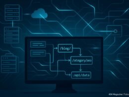 Großer Monitor mit technischen Server- und Netzwerkdiagrammen, die Routing-Logik, virtuelle URL-Manipulationen und API-Interaktionen in einer modernen Website-Architektur visualisieren