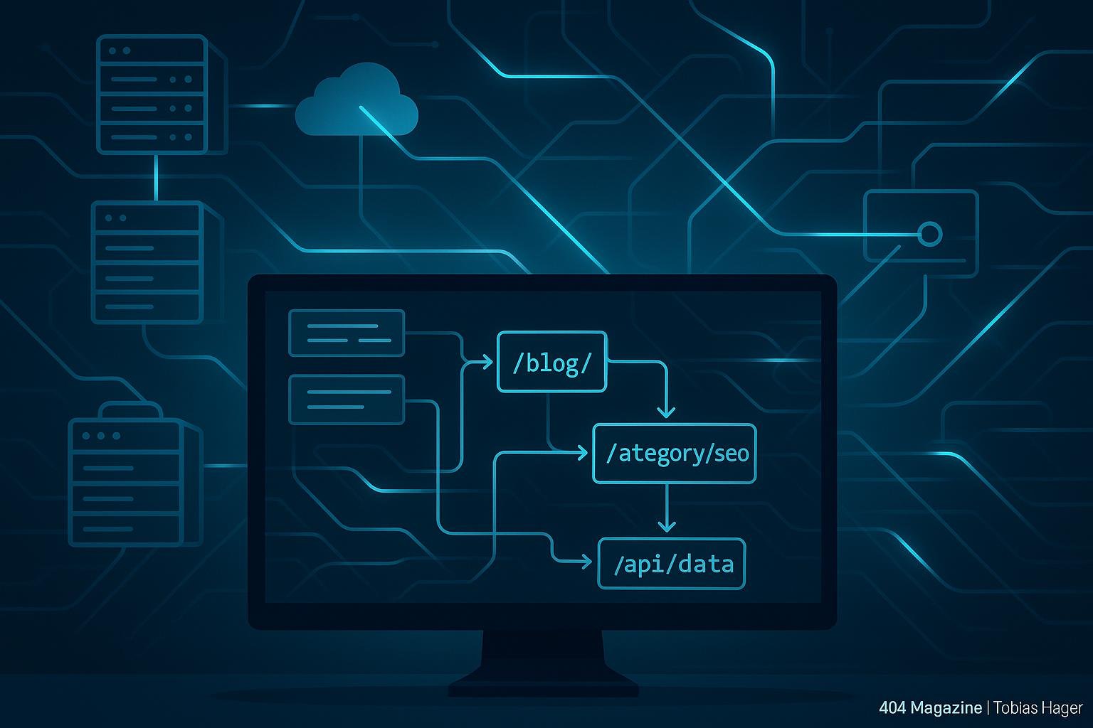 Großer Monitor mit technischen Server- und Netzwerkdiagrammen, die Routing-Logik, virtuelle URL-Manipulationen und API-Interaktionen in einer modernen Website-Architektur visualisieren