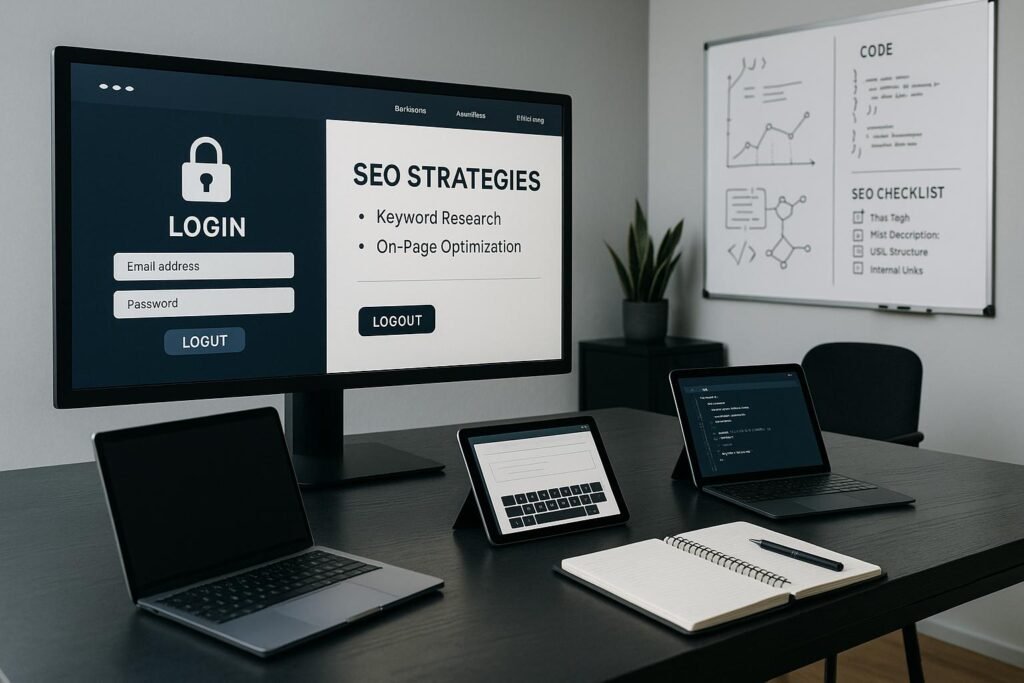 Modernes Digitalbüro mit großem Bildschirm, auf dem eine Webseite mit Login-Bereichen und SEO-Strategien angezeigt wird, im Vordergrund technische Geräte und im Hintergrund Whiteboards mit Diagrammen und Code-Snippets, Credit: 404 Magazine (Tobias Hager)