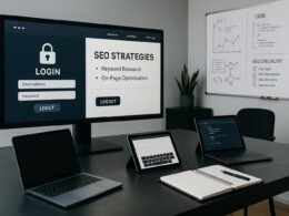 Modernes Digitalbüro mit großem Bildschirm, auf dem eine Webseite mit Login-Bereichen und SEO-Strategien angezeigt wird, im Vordergrund technische Geräte und im Hintergrund Whiteboards mit Diagrammen und Code-Snippets, Credit: 404 Magazine (Tobias Hager)