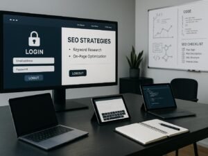 Modernes Digitalbüro mit großem Bildschirm, auf dem eine Webseite mit Login-Bereichen und SEO-Strategien angezeigt wird, im Vordergrund technische Geräte und im Hintergrund Whiteboards mit Diagrammen und Code-Snippets, Credit: 404 Magazine (Tobias Hager)