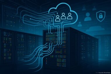 Moderne Server-Struktur in einem Rechenzentrum mit blinkenden LEDs und verbundenen Kabeln, darüber stilisierte Netzwerkkabel und Datenströme, im Hintergrund Cloud-Icons für Nutzer und Sicherheitsmechanismen.