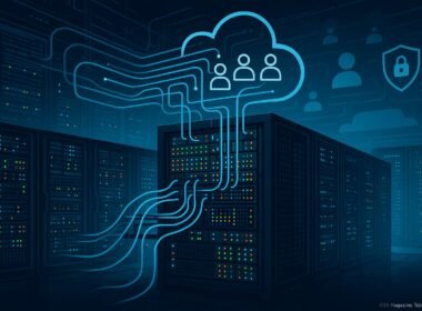 Moderne Server-Struktur in einem Rechenzentrum mit blinkenden LEDs und verbundenen Kabeln, darüber stilisierte Netzwerkkabel und Datenströme, im Hintergrund Cloud-Icons für Nutzer und Sicherheitsmechanismen.