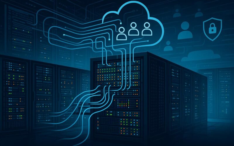 Moderne Server-Struktur in einem Rechenzentrum mit blinkenden LEDs und verbundenen Kabeln, darüber stilisierte Netzwerkkabel und Datenströme, im Hintergrund Cloud-Icons für Nutzer und Sicherheitsmechanismen.