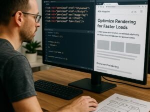Erfahrener Entwickler bei der Arbeit an einem Webentwicklungs-Setup mit mehreren Bildschirmen, Code-Editoren und Browser-Fenstern, die schnelle Ladezeiten zeigen.