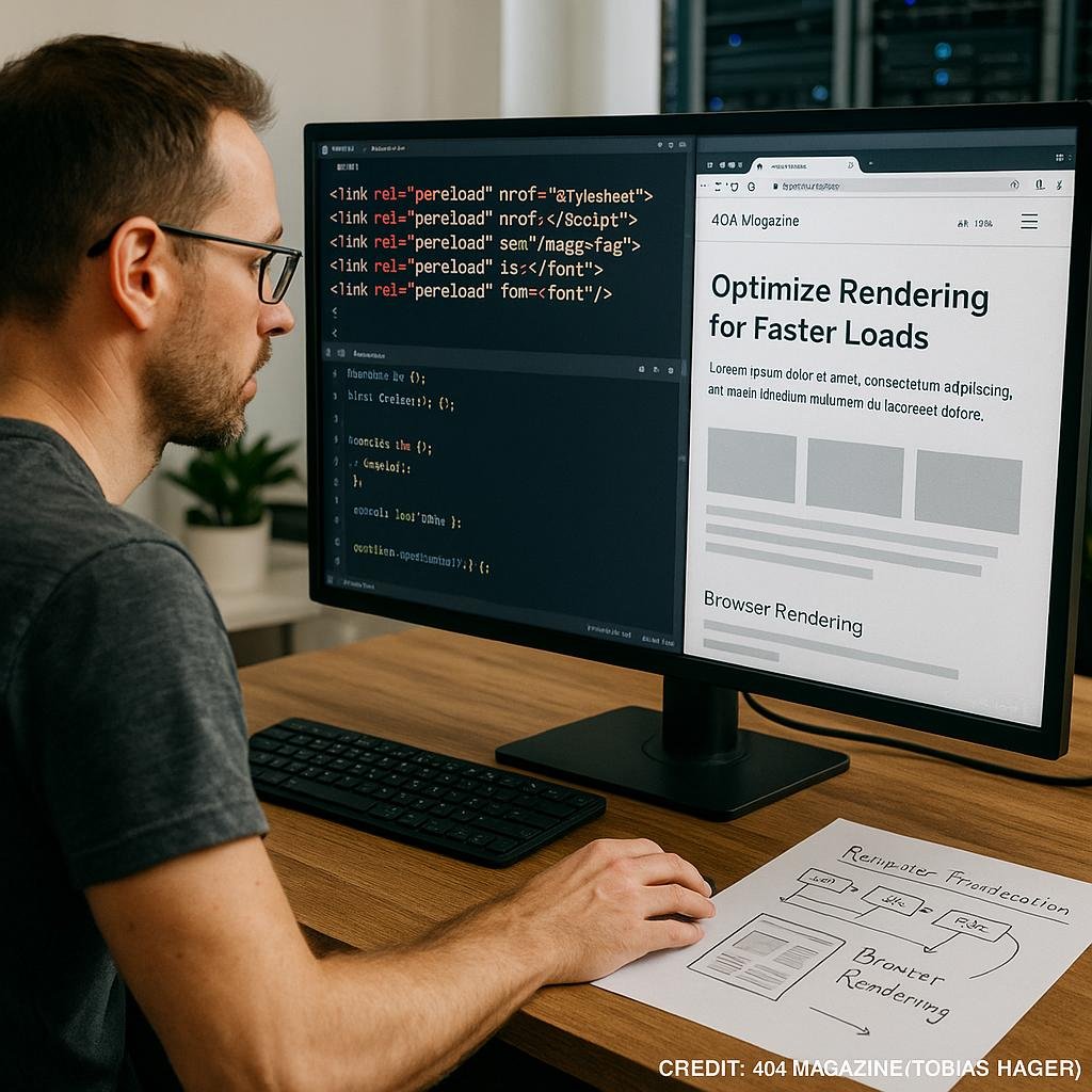 Erfahrener Entwickler bei der Arbeit an einem Webentwicklungs-Setup mit mehreren Bildschirmen, Code-Editoren und Browser-Fenstern, die schnelle Ladezeiten zeigen.