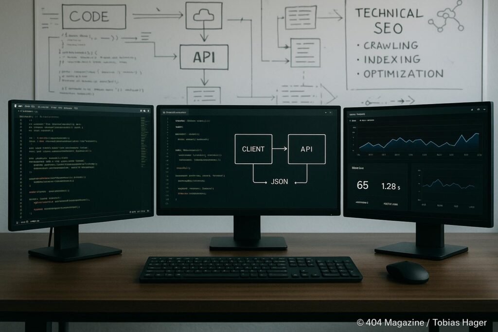 Moderner Entwicklerarbeitsplatz mit mehreren Monitoren, Whiteboard mit technischen Schemata und SEO-Notizen, digitale Infrastruktur-Symbole sichtbar